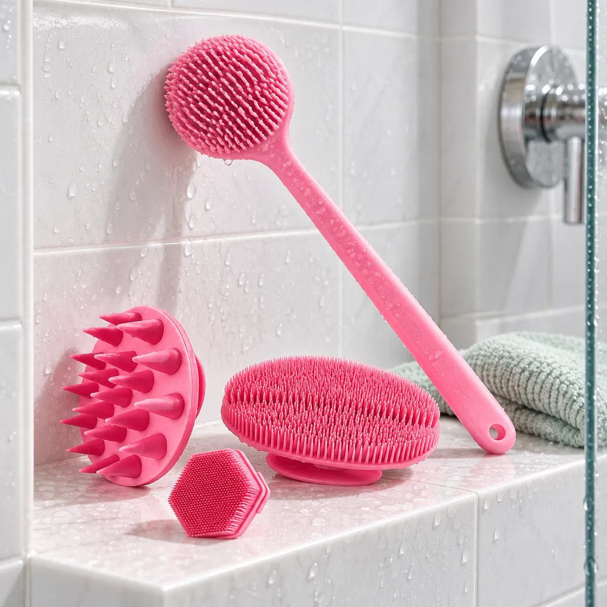 Pink four-piece silicone brush set resting on a white tiled shower shelf